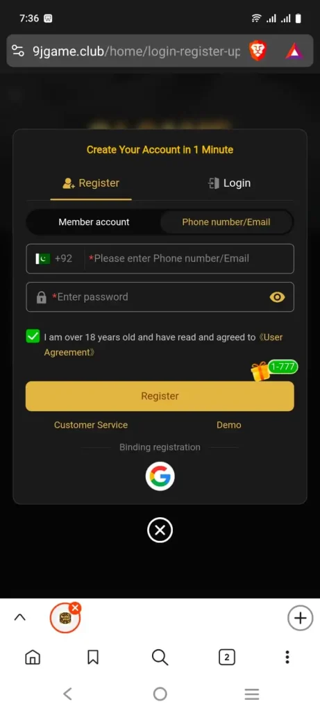 9j game register-login screenshot