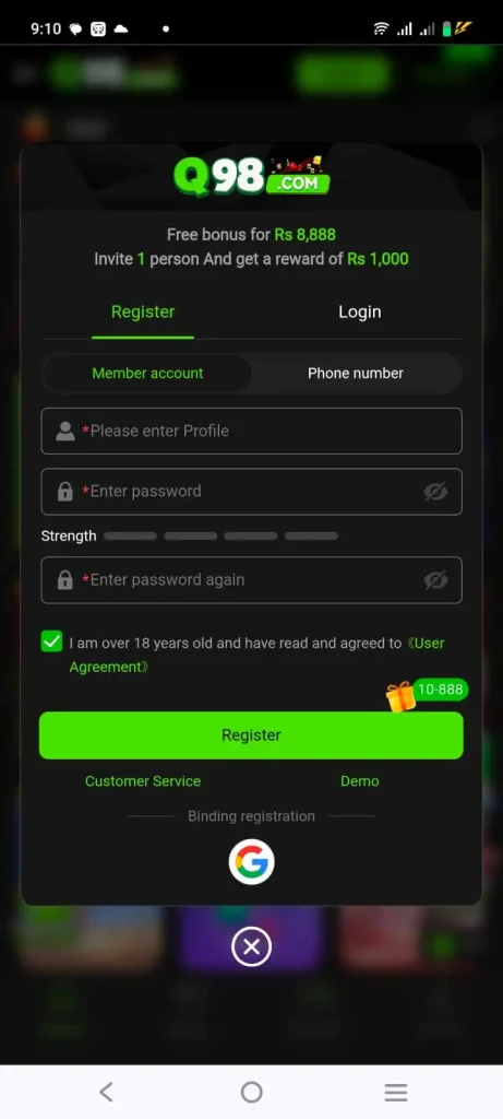 q98 game register and login screenshot