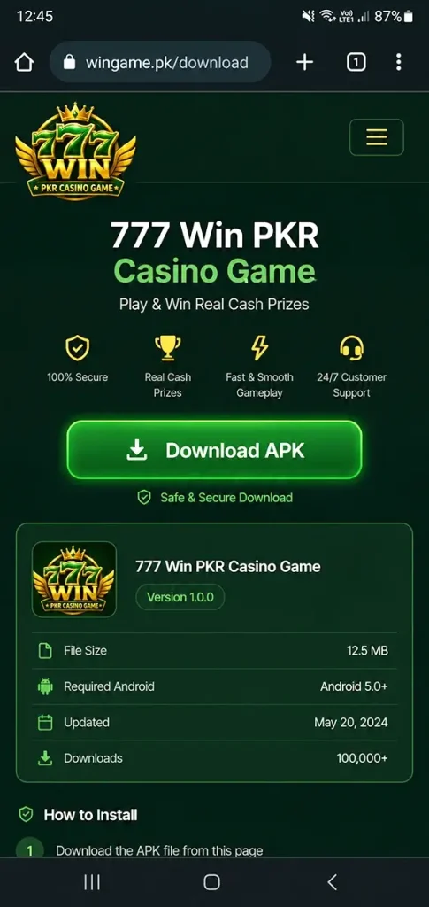 777 Win PKR APK download interface on Android phone showing login screen
