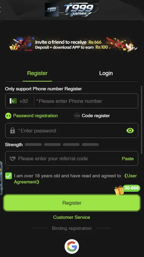 Sign up T999 game in pakistan